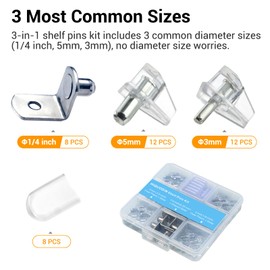 HIQUODIN 32PCS Cabinet Shelf Pegs for Shelves, 3-in-1 Shelf Pins Kit, 1/4 inch, 5mm, 3mm Shelf Support Pegs for Kitchen Cabinet, Bookshelf, Pantry Cupboard(Clear & Silver)