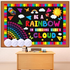 Janlaugh Rainbow Bulletin Board Decorations 3D Rainbow Theme Classroom Decor Set Cloud Plane Kite Bulletin Board Paper Cutouts Colorful Borders Motivational Quote Back to School Preschool Kindergarten