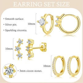 3Pairs Silver 14K Gold Stud Hoop Earrings Set for Women Girls, Hypoallergenic Silver Earrings Stacks Dainty Small Cubic Zirconia Stud Hoop Earring Cartilage Sleeper Earrings Set for Multiple Piercings