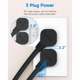 Flat Plug 1Ft Short Extension Cord, 90-Degree Plug Low Profile Power Adapter, 3-Prong Indoor Grounded Small Extension Cord Black 16AWG 13A 1625W 1 Pack