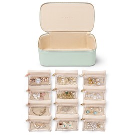 Vlando Travel Jewelry Case,Jewelry Box with 12 Pcs Clear Velvet Jewelry Bags, PU Leather Jewelry Organizer for Christmas Gifts Bridesmaid Gifts Birthday Preppy Gift-Mint Green