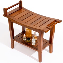 Axeman Premium Teak Shower Bench with Shelf – 24" 2-Tier Waterproof Shower Stool for Bathroom, Elderly & Shaving | Heavy-Duty 350lbs Capacity, Indoor & Outdoor Use