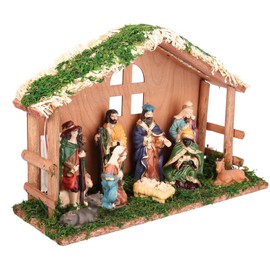 Wooden Nativity Set with Lighted, Christmas Crib Set with 9 Nativity Figures, Nativity Stable with Moss Decoration, Light Up Nativity Scene Christmas Decoration for Indoor, Living Room, Tabletop