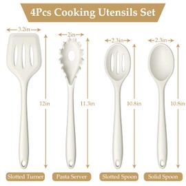 LIANYU 4Pcs Silicone Utensils, Kitchen Cooking Utensils Set, Kitchen Tools with Spoon, Turner, Pasta Server, Heat Resistant Cooking Gadgets for Non-stick Cookware, Dishwasher Safe, White