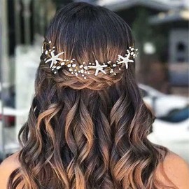 Casdre Starfish Bride Wedding Hair Vine Pearl Bridal Headpiece Beach Wedding Hair Accessories for Women and Girls(C Gold)