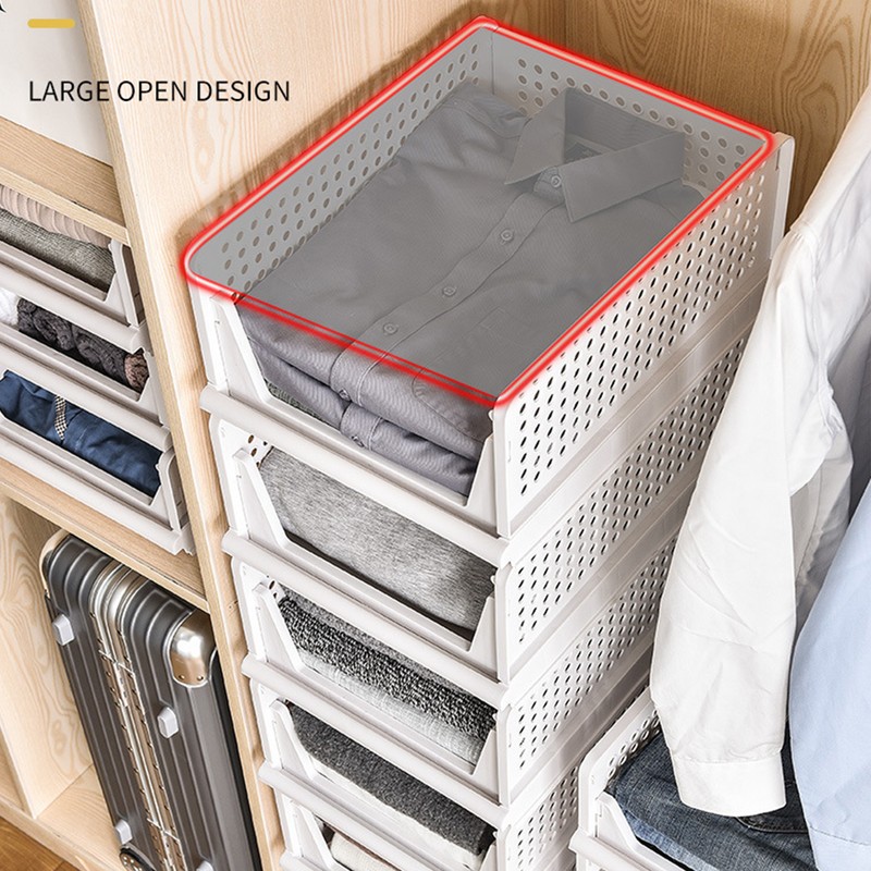 Stackable Storage Basket Plastic Large Open Drawer Wardrobe Cloth Container