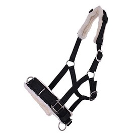 QHP Cavesson / Halter Combination Faux Fur Padding 3 Stainless Steel D-Rings (Warmblood, Black)