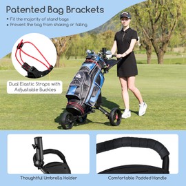 ULTIMATE 3 Wheel Golf Push Cart, Folding Golf Walking Push Cart w/Elastic Straps, Umbrella & Cup Holder, Scoreboard Storage, Lightweight Aluminum Golf Trolley Cart with Adjustable Handle & Foot Brake