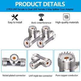 TUOLNK Triple Tee UHF Connector-Female to Dual UHF Female 3 Way Splitter Coax Adapter PL259 SO239 T Shape Adapter for Ham Radio CB Antenna 2pcs