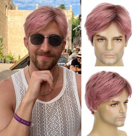 YOUGRACE Short Pink Wig for Men Handsome Male Wig Daily Costume Synthetic Full Wigs Natural Pink Hair Replacement Wig