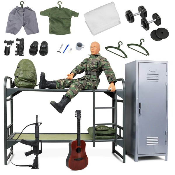 Click N' Play Military Camp Bunk House Life, Military 12” Action Figure Play Set with Accessories Including Army Gear, Bunk Beds, Locker, Army Playset for Boys 3+,Brown