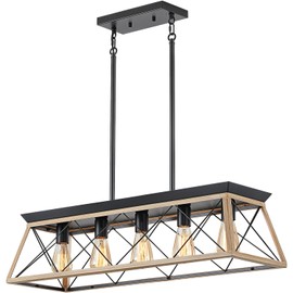 HuixuTe 5-Light Farmhouse Dining Room Chandelier Over Table, Rustic Kitchen Island Lighting, Adjustable Height Pendant Light for Kitchen, Dining Room Table Rustic Wood