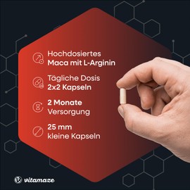 Vitamaze - amazing life Maca Kapseln hochdosiert 4000 mg je Tagesdosis + L-Arginin + Vitamine + Zink, 240 Kapseln, Pulver aus der Maca Wurzel für 2 Monate, Pflanzliche Nahrungsergänzung ohne Zusätze, Made in Germany