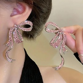 Rhinestones Bow Earrings Silver Rhinestone Bow Stud Earrings Long Chain Bow Earrings for Women Cubic Zirconia Bowknot Ribbon Earrings Bow Jewelry for Christmas Gifts 2024