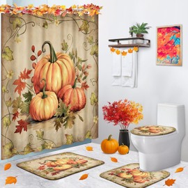 Tayney Bathroom Sets with Shower Curtain and Rugs, 4 Pcs, Pumpkin Fall