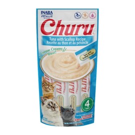 Premio Churu para Gato Piel y Pelo Sabor atún y Viera, Delicioso Puré Cremoso Bajo en calorias, Paquete de 4 Tubos.