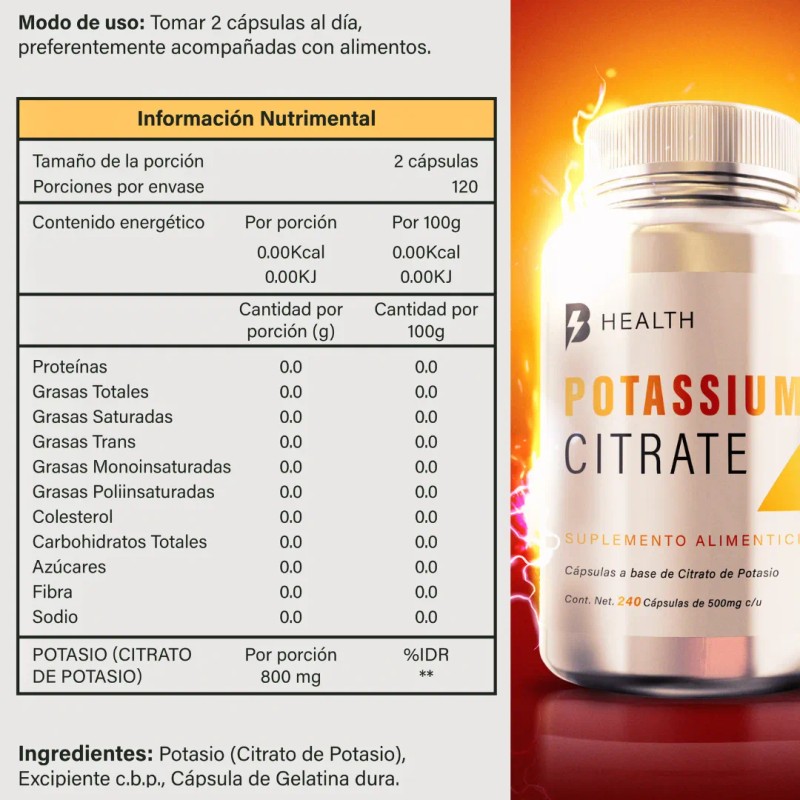 Citrato De Magnesio Y Potasio 500mg 3 Meses/descanso/energía Sin Sabor