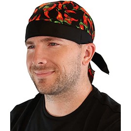 Sparkling EARTH Skull Cap Biker Caps Headwraps Doo Rags - Red Chili Peppers on Black
