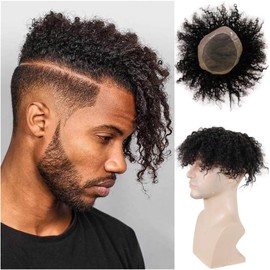 Hombres Tupé rizado for hombres negros Sistema de reemplazo cabello humano Remy Mono encaje con PU alrededor 1B# Off Black Transpirable Afro Curl Unidad piezas for Postizo(8x10)