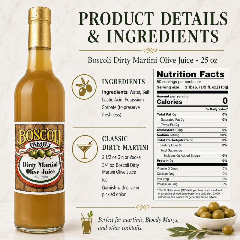 Boscoli Family Dirty Martini Olive Juice, 25 oz.