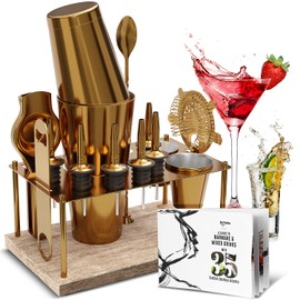 Bar Set Cocktail Shaker Set Bartender Kit, 17 Piece Gold Cocktail Set, Mixology Bartender Kit with Wood Stand, Steel Cocktail Kit, Bar Accessories: 30oz Martini Shaker, Muddler, Cocktail Book & More