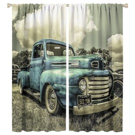 Vintage Car Curtains,Retro Rustic Truck Antique Blue Old Truck Blackout Thermal Curtains for Bedroom Living Room Decor Window Drapes, 2 Panels,42x45in