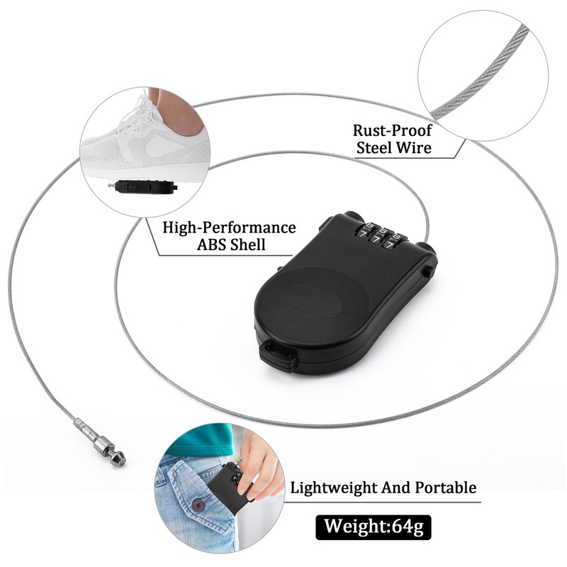 Cable Lock, 2 Pieces Retractable Cable Lock Combination Lock with