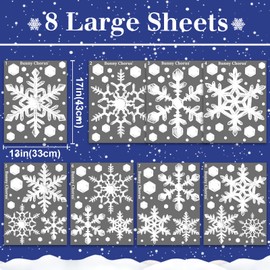 Ivenf Christmas Decorations Indoor, 8 Sheets Extra Large Snowflakes Window Clings for Glass Windows, Realistic White Crystal Snowflakes Christmas Decor for Home Office, Xmas Holiday Party Supplies