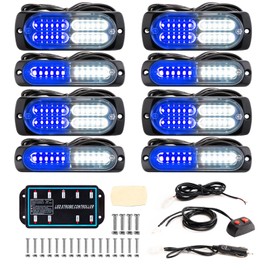 BooYu 8-pcs Sync Feature LED Emergency Strobe Lights Ultra Slim Grille Surface Mount Flashing Warning Hazard Light Bar w/Controller for Construction, Firefighter, Trucks, Vehicles, Car (Blue/White)