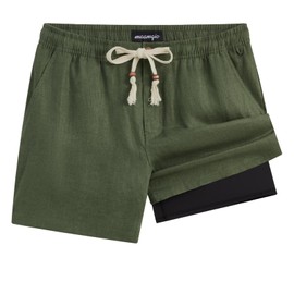 maamgic Mens Casual Linen Shorts 5 Inch Elastic Waist Drawstring Summer 2 in 1 Beach Shorts with Pockets Army Green-Black