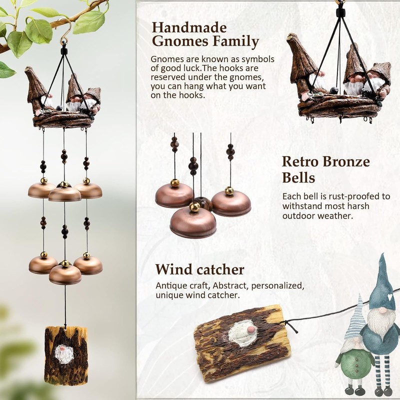 Gnome Wind Chimes for Outside with 6 Larger Bells -