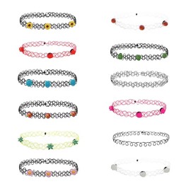 12 Piece Tattoo Choker Necklace Set Fashion Stretch Gothic Elastic Collar Jewellery Sets Women's Necklace Jewellery for Women Girls Necklace Set Choker
