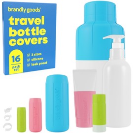 Brandly Goods - Fundas de silicona para botellas de viaje, a prueba de fugas, mangas elásticas y cierres de clip de seguridad, pieles de aseo ecológicas con bolsa de transporte, accesorios esenciales