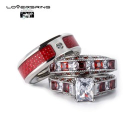 3pc Couple Ring Bridal Sets Women White Gold Plated Red Ruby Cz Man Titanium Band Wedding Ring for Him and Her