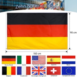 10 Stück Nationalflagge Set 150x90 cm – Flagge mit Metallösen – Fahne Deutschland EU Italien Spanien Frankreich USA UK Schweiz Belgien Niederlande für Hotels, Resorts & Outdoor
