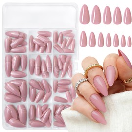 LoveOurHome 240pc Nude Almond Press on Nails Medium Fake Nails Nude Glue on Nails Short Stiletto Nails Press ons Full Cover Artificial Nail Tips Women Girls False Fingernail with Glue Adhesive Tabs