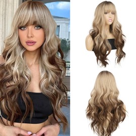 onemily Long Ombre Brown Blonde Wig with Bangs Curly Wavy Wigs for Women Synthetic Hair Replacement Blonde Wig with Dark Roots for Party Cosplay Use