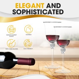 BERKWARE Premium Wine Glasses Set of 4 - Crystal Long Stem Wine Glass with Silver Rim & Rhinestone Design - 18 oz