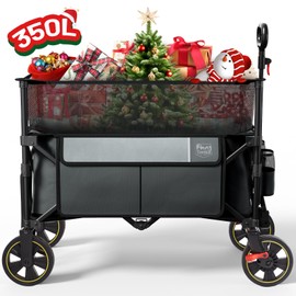 TIMBER RIDGE 350L Extra Large Collapsible Folding Wagon Carts with Brake, Heavy Duty Outdoor Camping Utility Wagons with Extended Height, Adjustable Handle, Cup Holders, Side Bag (Gray)