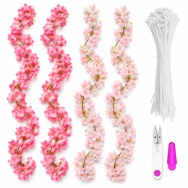 Pownert 4 Pcs 180cm Cherry Blossom Flower Garland Vines Set, Artificial Blossom Hanging Flowers DIY Kit, 40 Nylon Cable Ties and Scissors for Flower Wall, Wedding Arch, Home Decor
