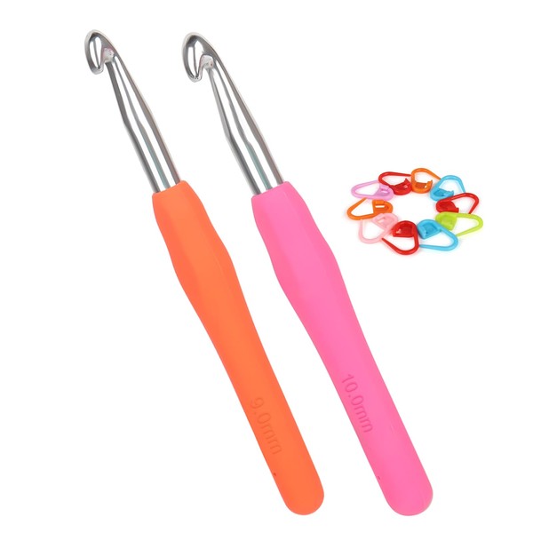 Coopay Crochet Hooks 9.0 mm and 10 mm, Pack of 2 Metal Crochet Hooks with Stitch Marker, Ergonomic Crochet Hook with Soft Grip for Arthritic Hands, Colourful TPR Handle Crochet Hook 9 10 mm for