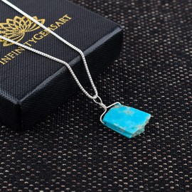 InfinityGemsArt Mothers Day Gifts Natural Raw Blue Turquoise Stone Flat Rough Crystal Gemstone Dainty Stone Necklaces For Women , Chakra Healing Crystals Pendant, Birthstone, Silver Plated Chain 18 inch