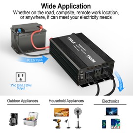 YSOLX 1500W Power Inverter 12V to 110V，Dc to Ac Inverter 3 AC Outlets，1500 Watt Inverter for Hurricanes, Power Outages，RV, Camping