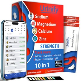 Urinify Mobile App Urine Test Strips -Trusted at Home Sodium, Salinity, Magnesium, Calcium, Electrolytes, Hydration, pH, Vitamin C, Protein, Keto Urinalysis Test Kit - Strength Kit (18 Strips)
