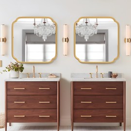 Ferytange Gold Bathroom Mirror for Wall 24" x 24" Modern Rounded Corner Square Mirror with Non-Rusting Iron Metal Framed Bathroom Vanity Mirror for Over Sink Wall Decor Horizontal/Vertical