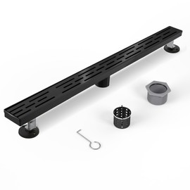 Shower Drain Stainless Steel for Bathroom: Black Linear Shower Drain 48 Inch with Removable Brick Pattern Grate - Adjustable Rectangular Shower Floor Drain with Hair Strainer (Matte Black)
