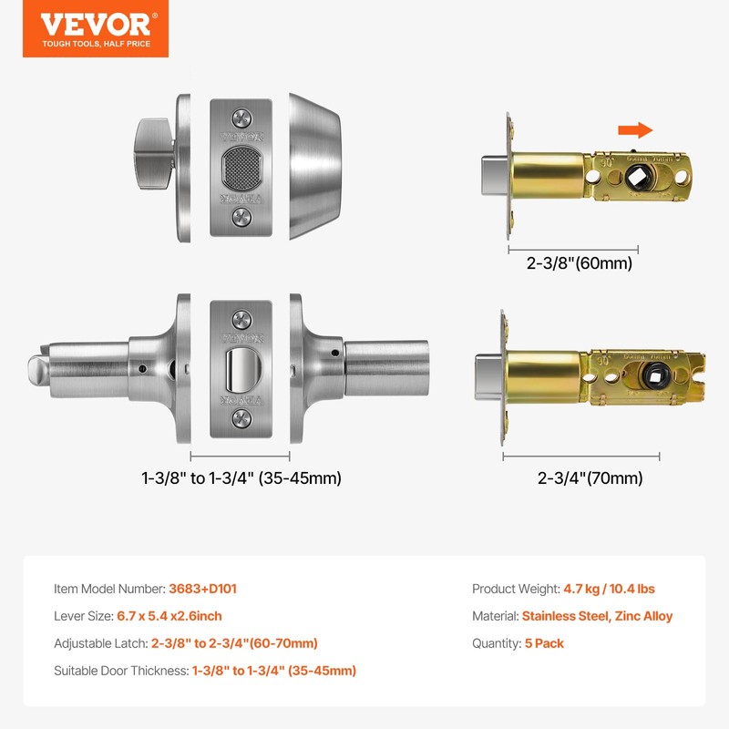 VEVOR Entry Door Locksets with Deadbolt, 5 Pack Satin Nickel