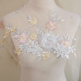 1 Pairs Three-Dimensional Flower Embroidery Lace Applique Sequins hot Drill Nail Beads Hand-Made DIY Applique Garment Decorative lace Accessories (White/Pink)