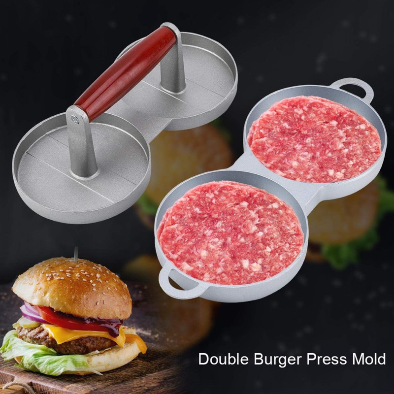Non-Stick Double Burger Press Mould Aluminum Alloy with Wooden Handle