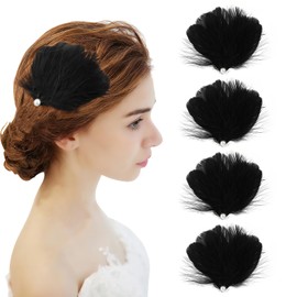 MWOOT Pack of 4 Black Feather Hair Clips, Black Swan Feather Headpiece Ballet Hair Accessories for Women Girls, White Pearl Hairpiece for Carnival Costume, Bridal Wedding Cosplay Party